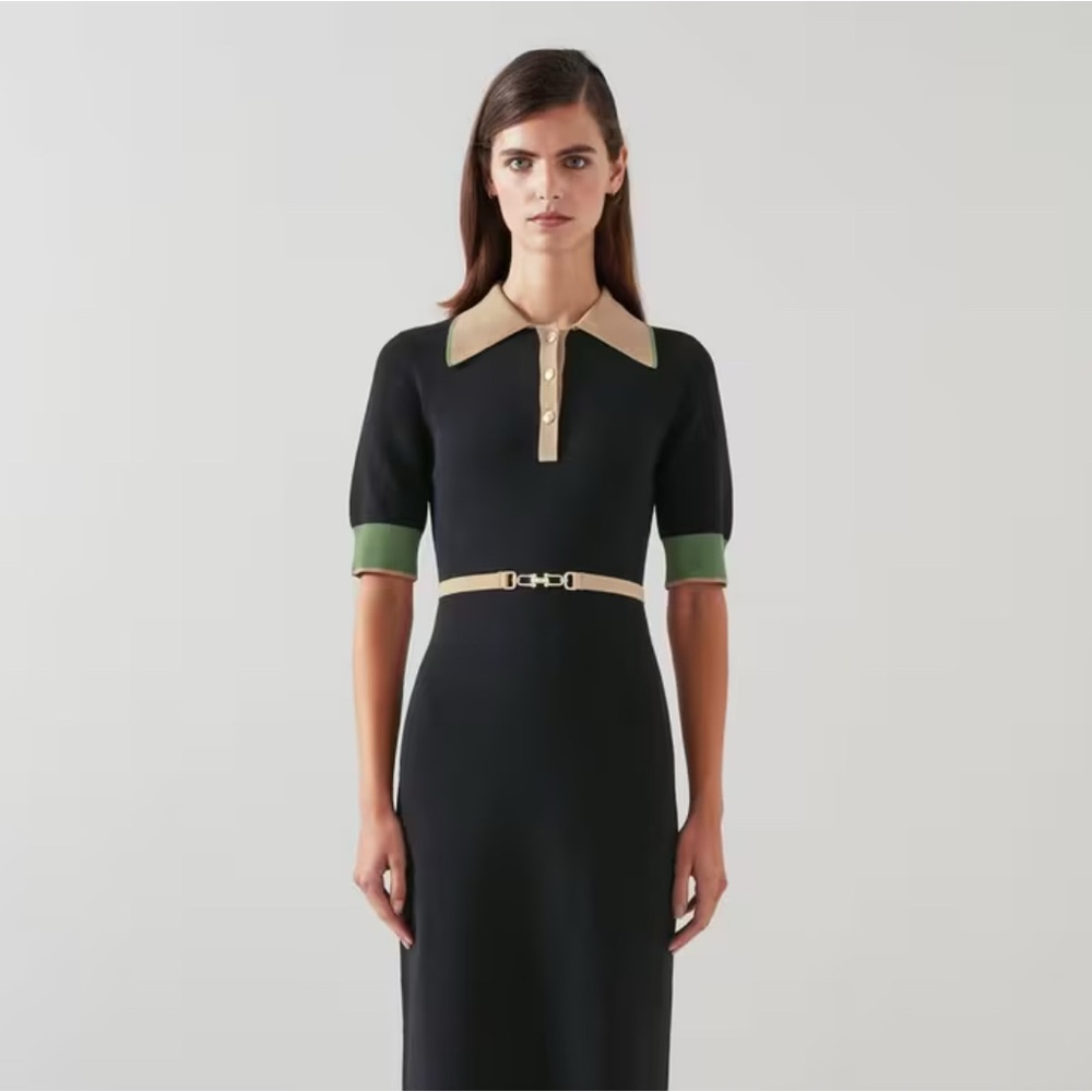 LK Bennett Black and Cream Midi Sheath Dress with Cuffed Sleeves